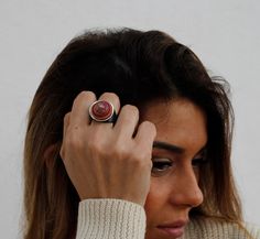 Leather Ring with Pink and Brown Tones, handmade jewelry, chunky rings, handmade gift for women ✨ Product Description: Designed and handcrafted with a brown leather base, this ring features a 28mm diameter round top. Layers of leather in pink and brown tones combine perfectly, finishing with a resin-printed leather that adds a unique touch.  🛠️ Main Features: - Material: Soft and flexible leather, ideal for comfortable all-day wear. - Diameter: 28mm round top. - Design: Leather layers in pink a Trendy Brown Jewelry For Gift, Unique Brown Jewelry For Everyday, Minimalist Brown Rings For Gifts, Adjustable Brown Ring Jewelry, Handmade Brown Ring Jewelry, Handmade Brown Jewelry Ring, Unique Brown Rings For Gift, Modern Brown Ring Jewelry, Modern Brown Rings For Gifts