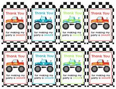 monster truck thank you tags with checkered background for birthdays or baby shower favors