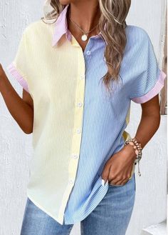 Color:Light Yellow;Size:M;Size:L;Size:XL;Size:XXL;Package Contents:1 X Blouse;Occasion:Other;Style:Casual; Yellow Short, Yellow Shirt, Yellow Shirts, Yellow Shorts, Collar Blouse, Short Sleeve Blouse, Light Yellow, Stripe Print, Sweater Jacket