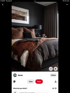 an instagram photo of a bed in a bedroom with dark walls and brown comforter