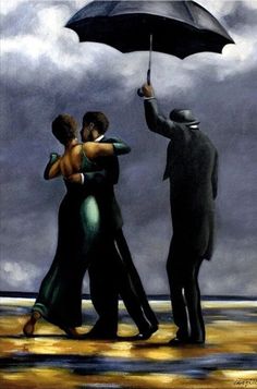 a painting of two people holding an umbrella in front of a cloudy sky, with one man and the other woman