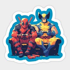 two deadpools sitting on a couch with video game controllers in front of them