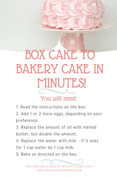 a cake with pink frosting on top and instructions for how to bake it