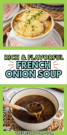 french onion soup in a white bowl with a spoon on the side and an advertisement for fresh & flavorful french onion soup