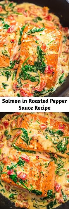 salmon in roasted pepper sauce with spinach on top, and another image of the same dish