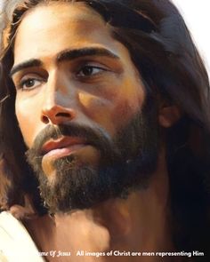 a painting of jesus with long hair and beards looking to his left, wearing a white shirt