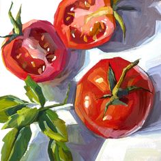 an oil painting of three tomatoes on a white surface