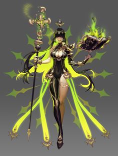 a woman dressed in black and yellow holding two wands