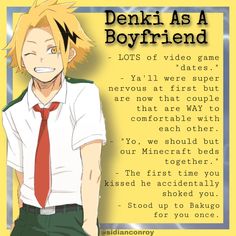 an anime character wearing a red tie and white shirt with words written on it that say demki as a boyfriend