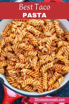 the best taco pasta recipe is in a skillet and ready to be eaten