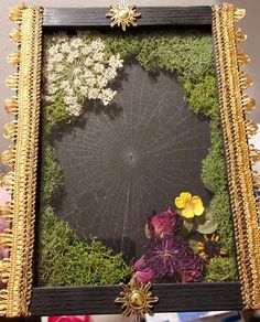 Real preserved spiderweb with moss and dried flower arranged in a shadowbox for home decor.  Collected from abandoned/empty webs. No spiders were harmed. Preserved Moss, Gothic Home, Gothic Home Decor, Gothic House, Dried Flower, Spiders, Spider Web, Shadow Box, Wooden Frames