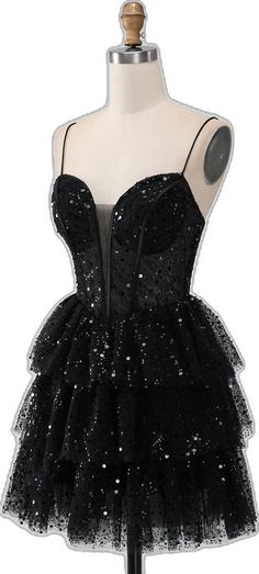 Tulle Cocktail Dress, Black Homecoming Dress, Dress With Sequins, Black Spaghetti Strap, Dress With Ruffles, Short Homecoming Dress, Homecoming Dress, Black Sequins, Evening Party