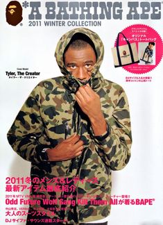 a man in camo jacket on the cover of a magazine with an ad for bathing ape