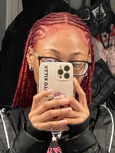 Red Fulani Braids With Beads, Fulani Braids Red And Black, Pink Red Braids, Fulani Braids Color Combo, Red Braid Styles, Ginger Fulani Braids With Curls, Red Cornrows Braids Black Women, Red Straight Back Braids, Burgundy Fulani Braids