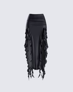 Owning an entire room has never been easier 😏 Rock your darker side with this sultry piece. Complete with a high-waisted fit, shirring at the waist and hips, and front cutouts detailed with a cascading ruffle hem 🖤 Skirts Cargo, Butterfly Pants, Black Ruffle Skirt, Yellow Mini Skirt, White Corset Dress, Fashion Collection Inspiration, Future Of Fashion, Rhinestone Top, Blue Mini Skirt