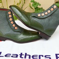 Handmade Mens Green Leather Ankle High Button Dress Boot on Storenvy Ankle High Boots Outfit, Quality Leather Boots, Dress Boot, Custom Design Shoes, High Ankle Boots, Mens Green, Button Dress, Boots Outfit, Green Leather