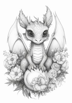 a drawing of a dragon sitting on top of flowers