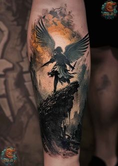 an artistic tattoo design on the leg of a man with wings and a demon flying above him