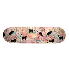 a skateboard with cats on it is shown in pink and blue colors, as well as an image of a woman riding a bike