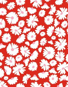 a red and white flower pattern with pink dots on the bottom half of the image