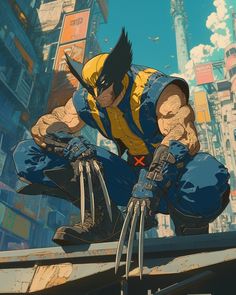 an animated wolverine character on top of a building with his hands in his pockets and looking down at the ground