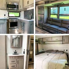 four pictures show the interior and exterior of a mobile home, including a kitchen, living room, bedroom and bathroom