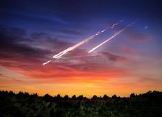 an airplane is flying in the sky over trees at sunset royalty photo - free image