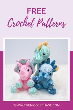 three crocheted stuffed animals sitting next to each other with the text free crochet patterns