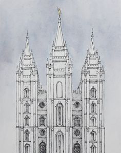 a drawing of a large cathedral with two spires on each side and a bird perched on the top