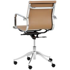 an office chair with wheels and leather upholstered on the back, viewed from the front