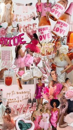 a collage of photos with different types of women in pink dresses and hats on them