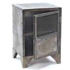 an old metal cabinet with its door open on the side, sitting against a white background