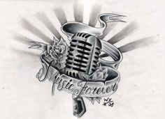 a microphone with roses on it and the words music forever written in cursive writing