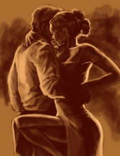 a drawing of two people sitting on a chair with their arms around each other's shoulders