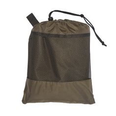 an olive green mesh drawsack bag with black handles and two zippers on the side