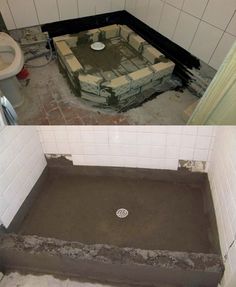 before and after pictures of a bathroom being remodeled with concrete flooring, walls and bathtub