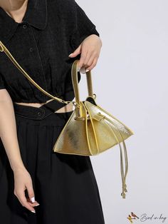 BirdinBag - Stylish Metallic PU Mini Bag with Drawstring Detail - A Funky Novelty Accessory Gold Handheld Bucket Bag With Removable Pouch, Handheld Gold Bucket Bag With Removable Pouch, Trendy Gold Bucket Bag With Removable Pouch, Gold Rectangular Bucket Bag With Handles, Gold Bucket Bag With Removable Pouch, Gold Pouch Bucket Bag For Daily Use, Gold Bucket Bag With Detachable Handle For Daily Use, Gold Bucket Bag With Detachable Handle, Gold Pouch Bag With Handles