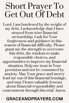 an advertisement with the words, short prayer to get out of debt on white background