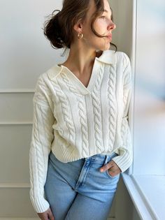 Collared Cable Knit Sweater - Spring Sweet Rebecca Schoneveld, Wrap Clothing, Sarah Seven, Outfit Chic, Garland Decor, Polo Style, Trending Styles, Sweet Style, Cable Knit Sweater