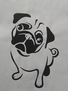 a black and white drawing of a pug dog