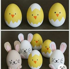 four different pictures of easter eggs with faces and ears painted to look like chickens, rabbits, and chicks