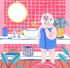 a painting of a woman standing in front of a bathroom sink with pink tiles on the wall