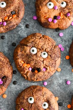 chocolate chip cookies decorated with candy eyes and sprinkles