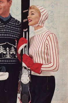 1950s Vintage Ladies Striped Ski Sweater with Cap Ski Town Outfits, Vintage Ski Outfit, Vintage Skiing Aesthetic, Mode Au Ski, Ski Inspiration, Apres Ski Sweater, Retro Cap, Ski Bunny, Ski Vintage