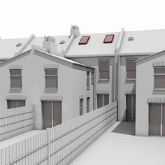 two white houses with red shutters are shown in this 3d rendering image from the outside