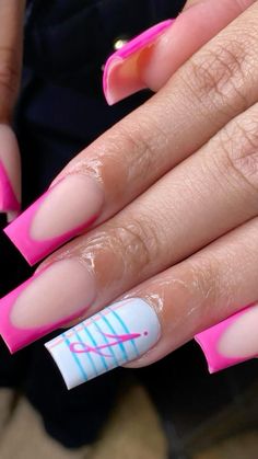 acrylic nails ! Nail Designs With Initials Letters, Nails With J Initial, Pink French Tip Nails, Pink French Tip, Pink French, Work Nails