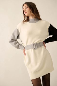 Modern Moment Colorblock Belted Mini Sweater Dress | ShopPromesa Knit Belt, Cozy Sweater Dress, Mini Sweater, Mini Sweater Dress, Mock Neckline, Cream Dress, Outerwear Sweater, Cozy Sweaters, Printed Blouse