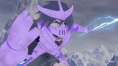 an anime character with purple hair and black eyes in front of snow covered mountain tops