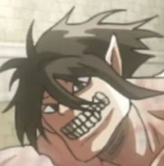 an anime character with black hair and white teeth