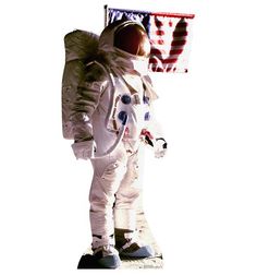 an astronaut standing in front of the american flag